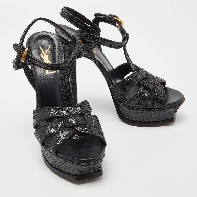 Pre Owned Saint Laurent Black Coarse Glitter Tribute Sandals Size 36