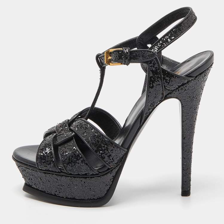 Pre Owned Saint Laurent Black Coarse Glitter Tribute Sandals Size 36
