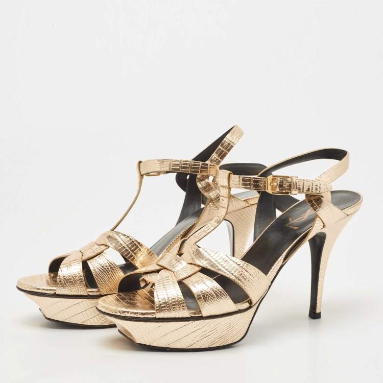 Pre Owned Saint Laurent Gold Lizard Embossed Leather Tribute Sandals Size 38.5