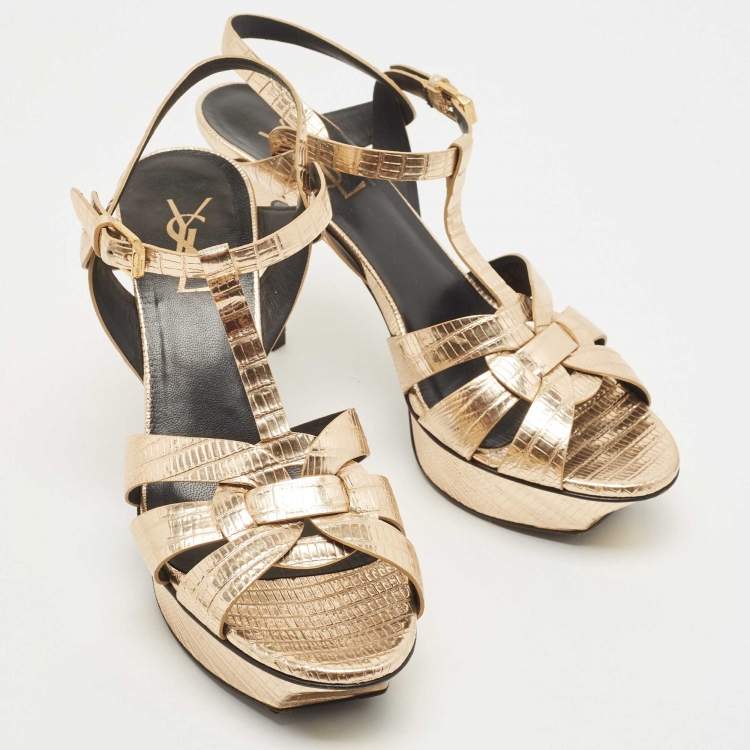 Pre Owned Saint Laurent Gold Lizard Embossed Leather Tribute Sandals Size 38.5