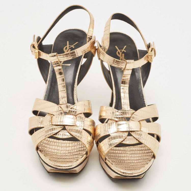Pre Owned Saint Laurent Gold Lizard Embossed Leather Tribute Sandals Size 38.5