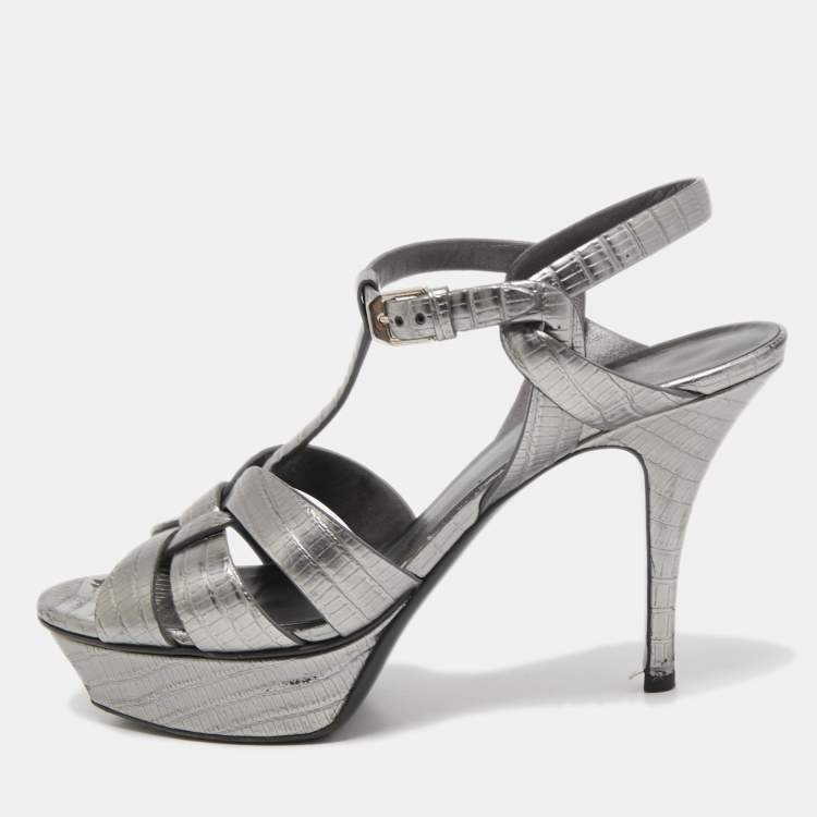 Pre Owned Saint Laurent Metallic Grey Lizard Embossed Leather Tribute Sandals Size 38.5