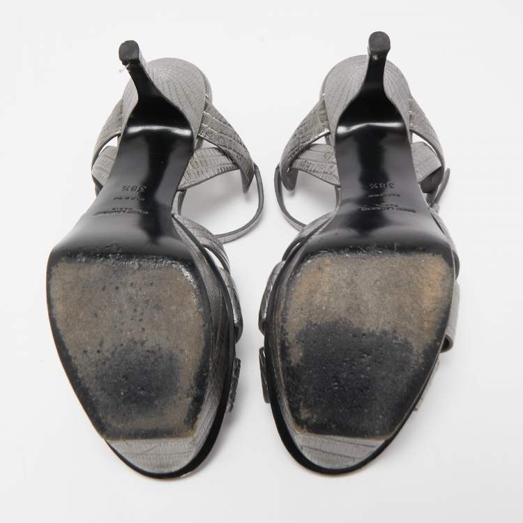 Pre Owned Saint Laurent Metallic Grey Lizard Embossed Leather Tribute Sandals Size 38.5