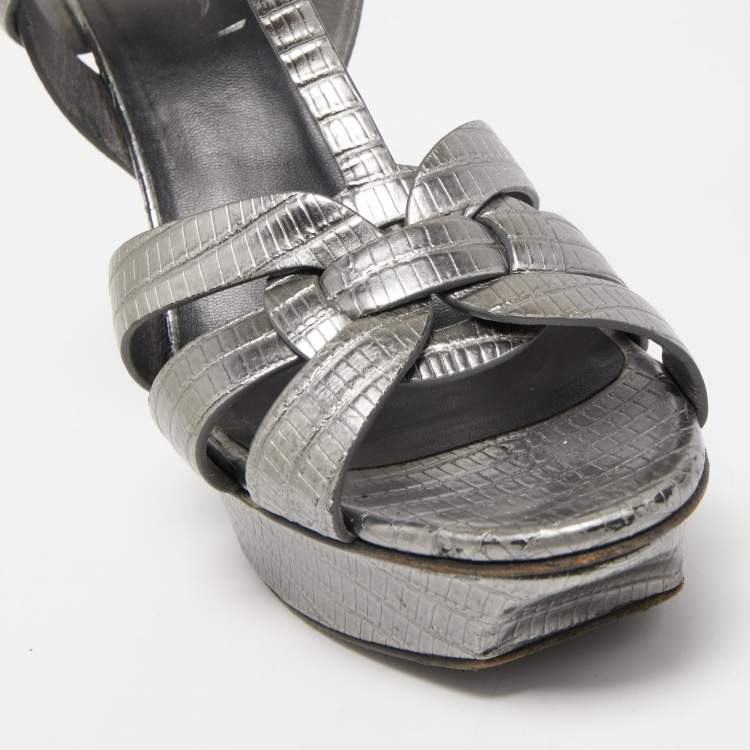 Pre Owned Saint Laurent Metallic Grey Lizard Embossed Leather Tribute Sandals Size 38.5