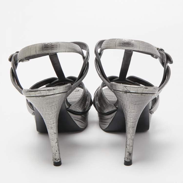 Pre Owned Saint Laurent Metallic Grey Lizard Embossed Leather Tribute Sandals Size 38.5