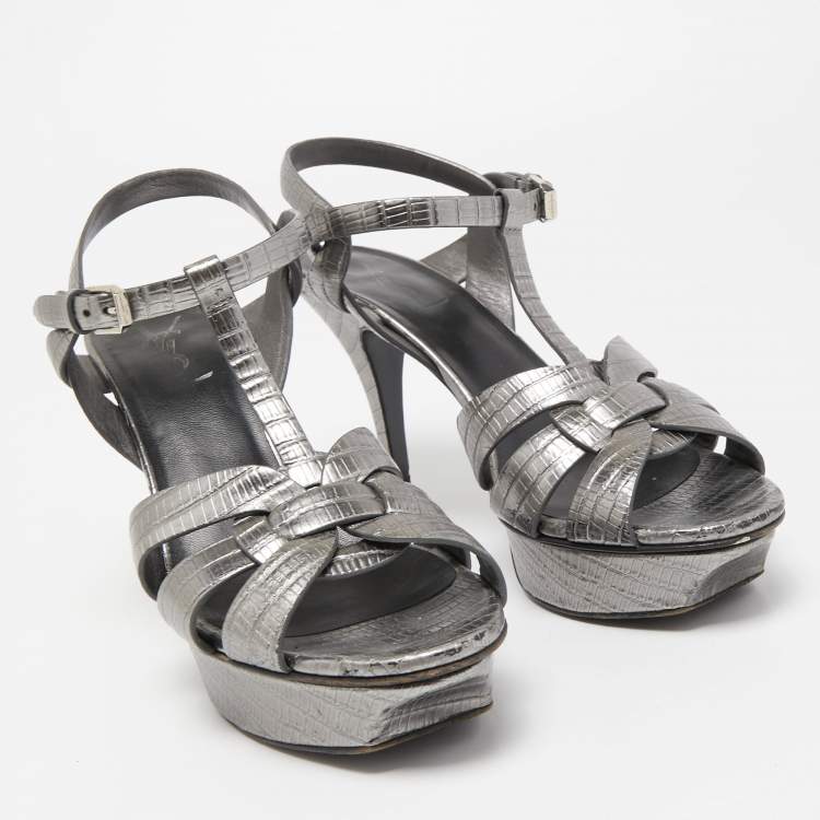 Pre Owned Saint Laurent Metallic Grey Lizard Embossed Leather Tribute Sandals Size 38.5