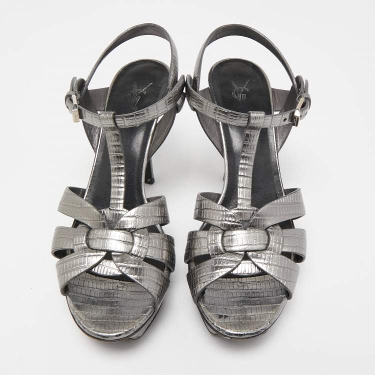 Pre Owned Saint Laurent Metallic Grey Lizard Embossed Leather Tribute Sandals Size 38.5