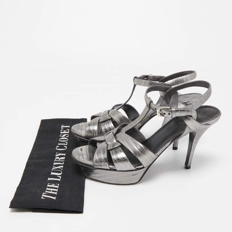 Pre Owned Saint Laurent Metallic Grey Lizard Embossed Leather Tribute Sandals Size 38.5