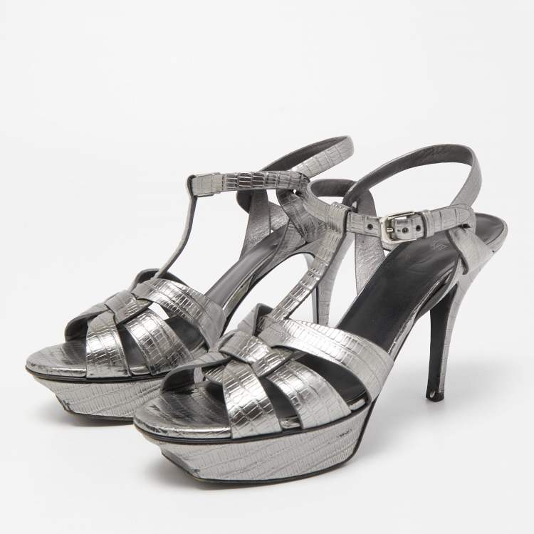 Pre Owned Saint Laurent Metallic Grey Lizard Embossed Leather Tribute Sandals Size 38.5