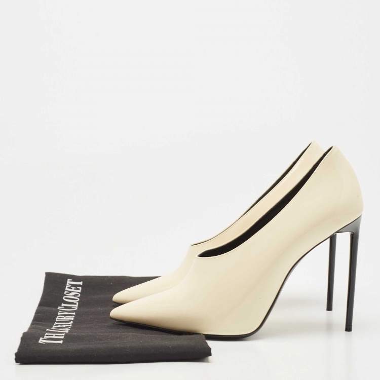 Pre Owned Saint Laurent Cream Patent Anja Pointed Toe Pumps Size 37.5