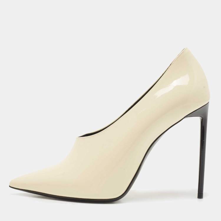 Pre Owned Saint Laurent Cream Patent Anja Pointed Toe Pumps Size 37.5
