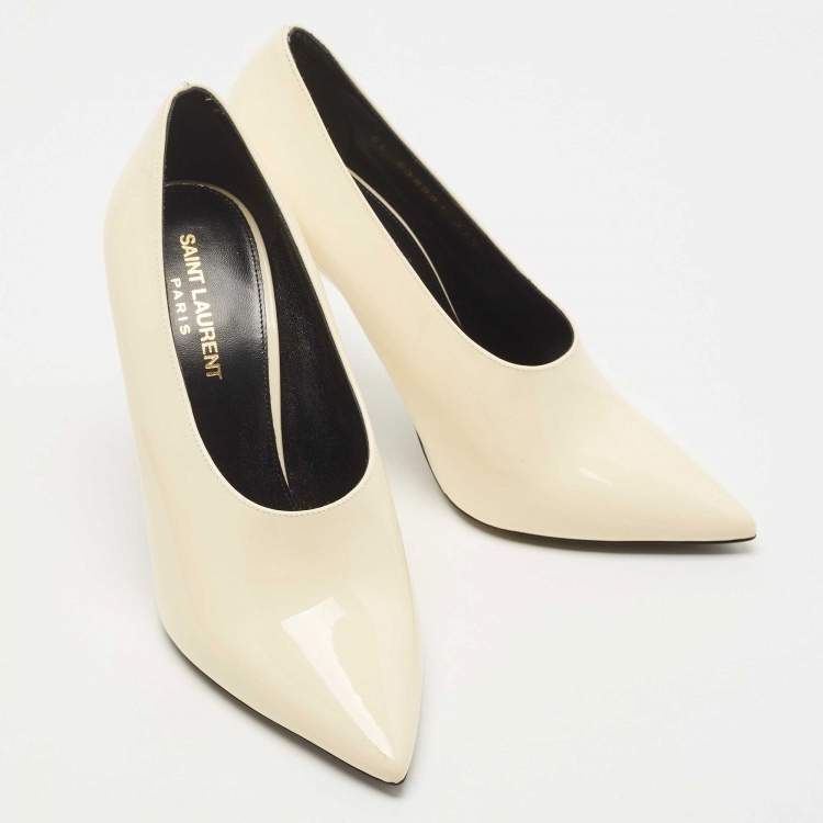 Pre Owned Saint Laurent Cream Patent Anja Pointed Toe Pumps Size 37.5