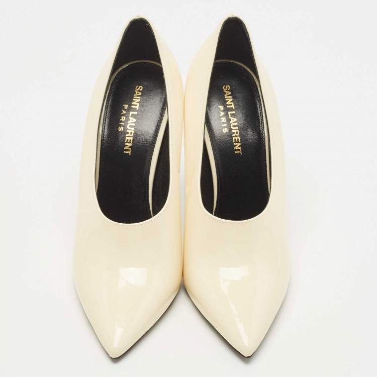 Pre Owned Saint Laurent Cream Patent Anja Pointed Toe Pumps Size 37.5