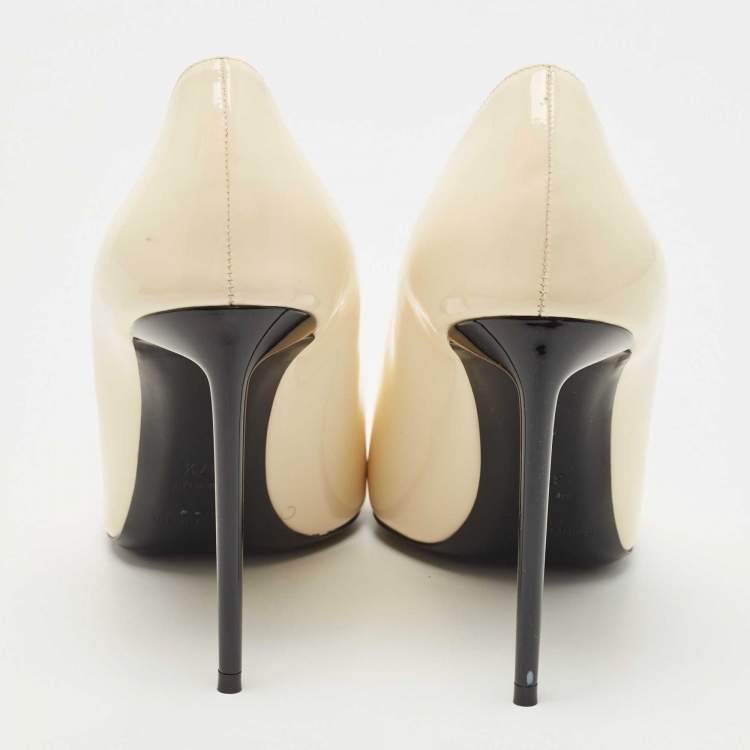 Pre Owned Saint Laurent Cream Patent Anja Pointed Toe Pumps Size 37.5