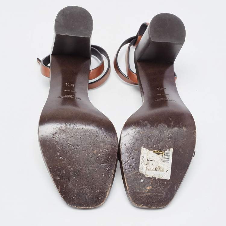 Pre Owned Saint Laurent Brown Leather Ankle Strap  Sandals Size 38.5