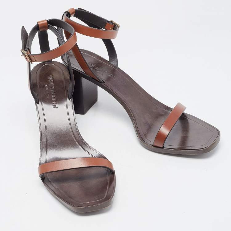 Pre Owned Saint Laurent Brown Leather Ankle Strap  Sandals Size 38.5