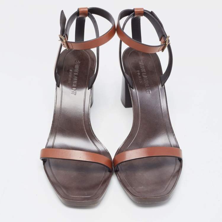 Pre Owned Saint Laurent Brown Leather Ankle Strap  Sandals Size 38.5