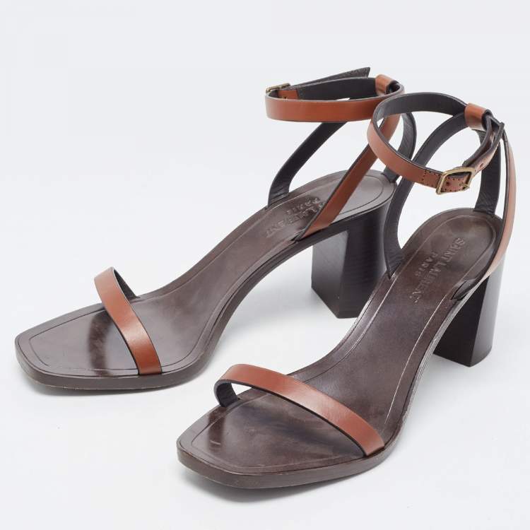 Pre Owned Saint Laurent Brown Leather Ankle Strap  Sandals Size 38.5