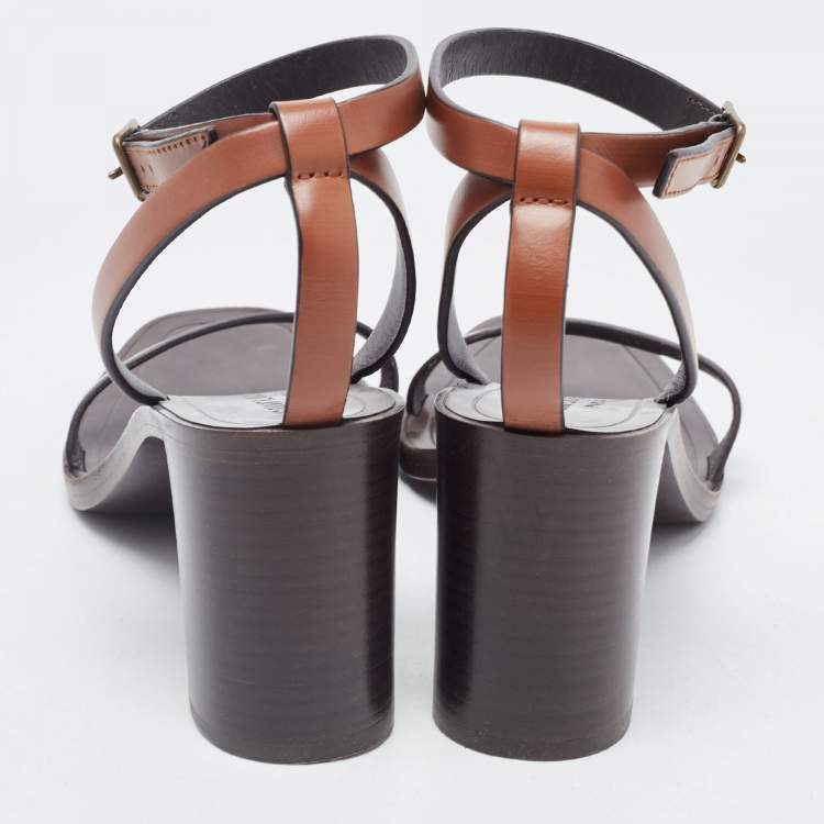 Pre Owned Saint Laurent Brown Leather Ankle Strap  Sandals Size 38.5