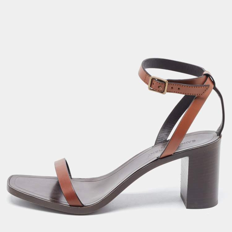 Pre Owned Saint Laurent Brown Leather Ankle Strap  Sandals Size 38.5