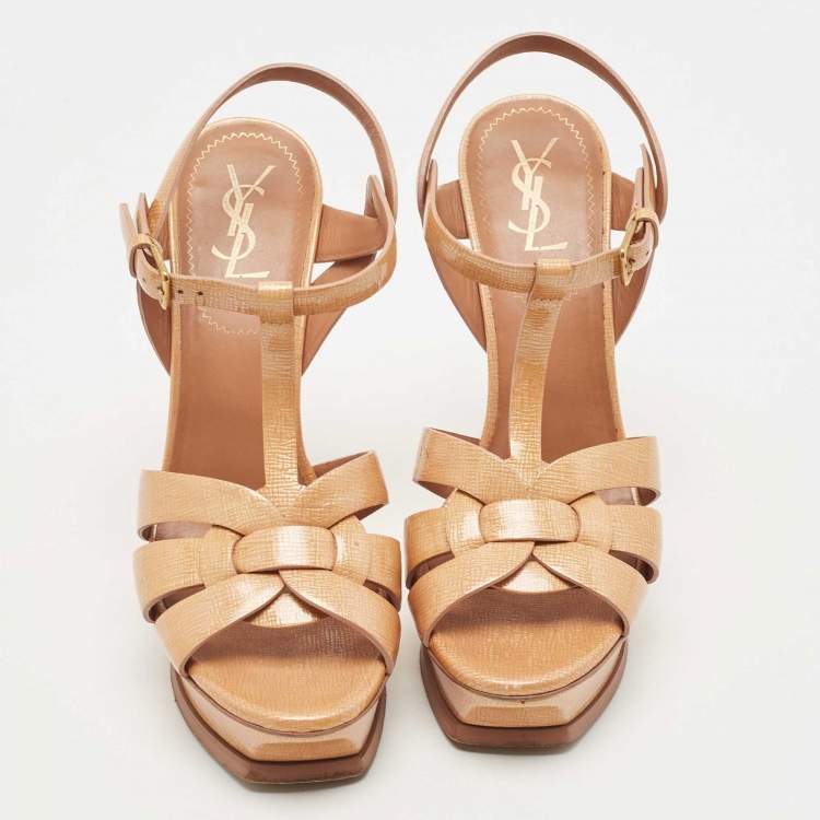 Pre Owned Saint Laurent Brown  Patent Tribute Ankle  Strap Sandals Size 38.5