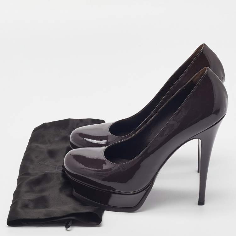 Pre Owned Saint Laurent Dark Brown Patent Leather Platform Pumps Size 39.5