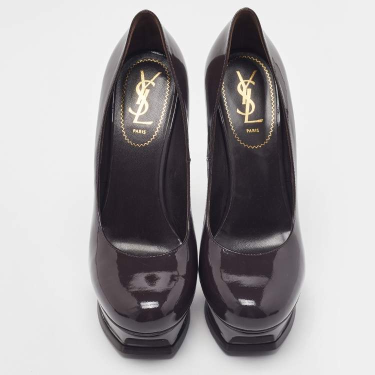 Pre Owned Saint Laurent Dark Brown Patent Leather Platform Pumps Size 39.5