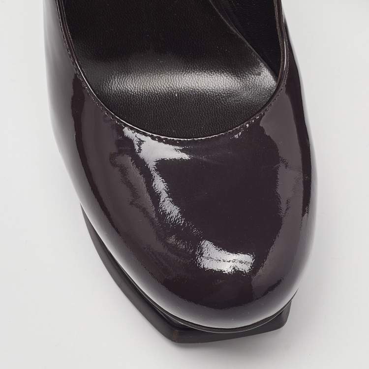 Pre Owned Saint Laurent Dark Brown Patent Leather Platform Pumps Size 39.5