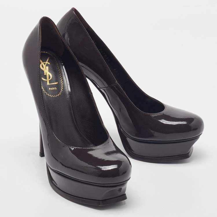 Pre Owned Saint Laurent Dark Brown Patent Leather Platform Pumps Size 39.5
