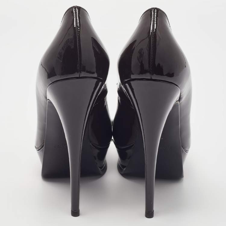 Pre Owned Saint Laurent Dark Brown Patent Leather Platform Pumps Size 39.5