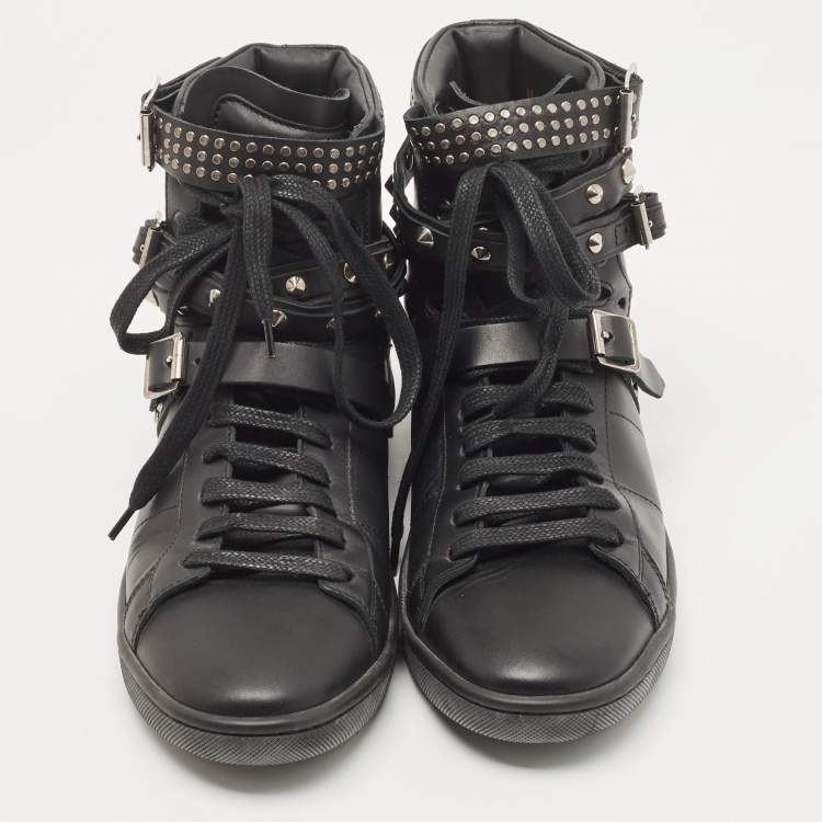 Pre Owned Saint Laurent Black Leather Studded High Top Sneakers Size 38
