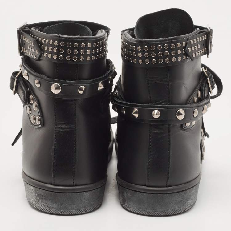 Pre Owned Saint Laurent Black Leather Studded High Top Sneakers Size 38