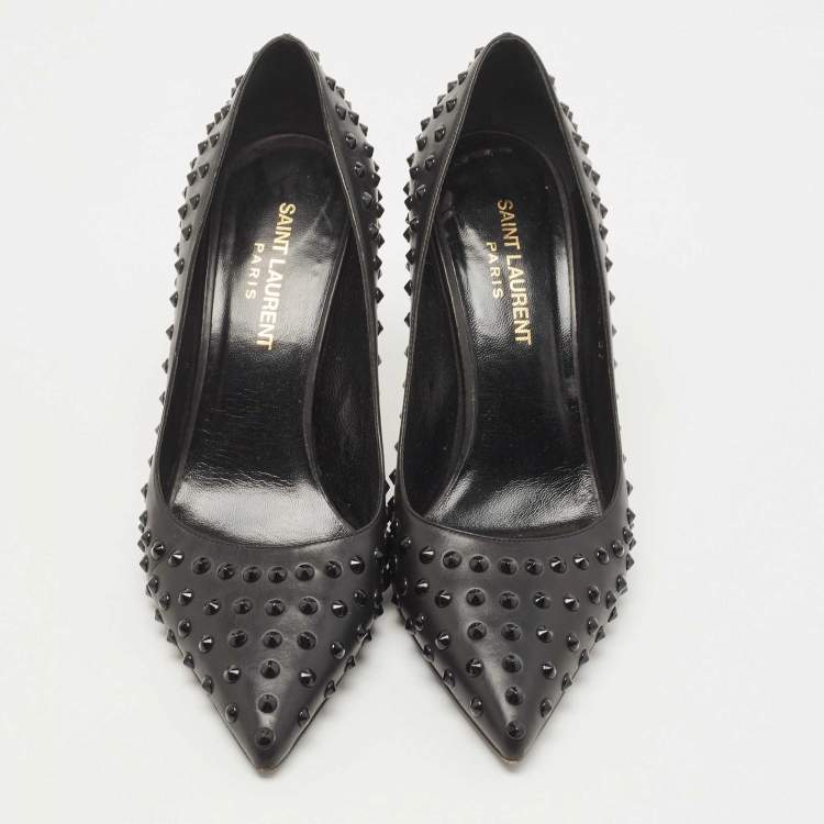 مملوكة مسبقًا Saint Laurent Black Leather Spiked Pumps Size 37