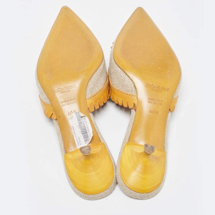 Pre Owned Saint Laurent Grey/Brown Canvas and Leather Mules Size 36.5  