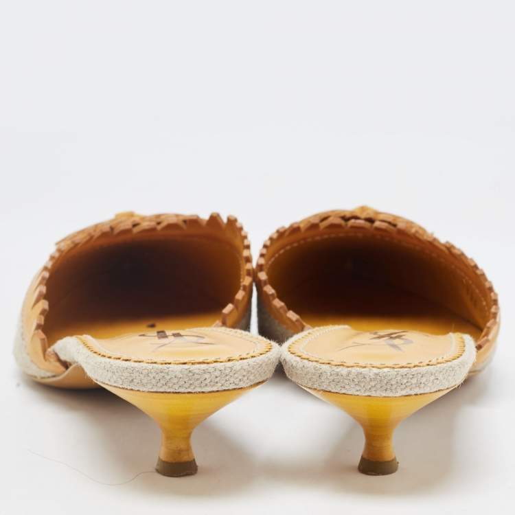 Pre Owned Saint Laurent Grey/Brown Canvas and Leather Mules Size 36.5  