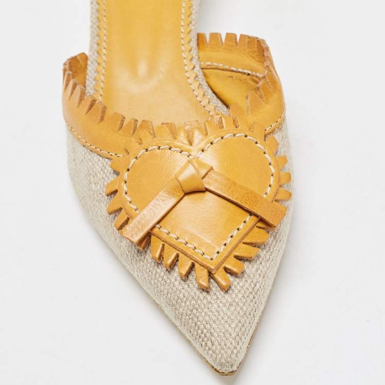 Pre Owned Saint Laurent Grey/Brown Canvas and Leather Mules Size 36.5  