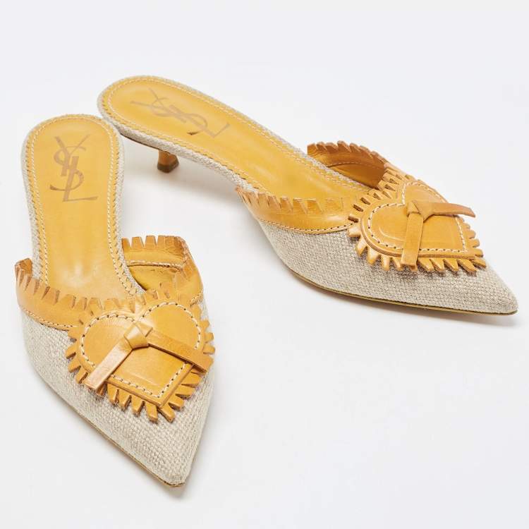 Pre Owned Saint Laurent Grey/Brown Canvas and Leather Mules Size 36.5  
