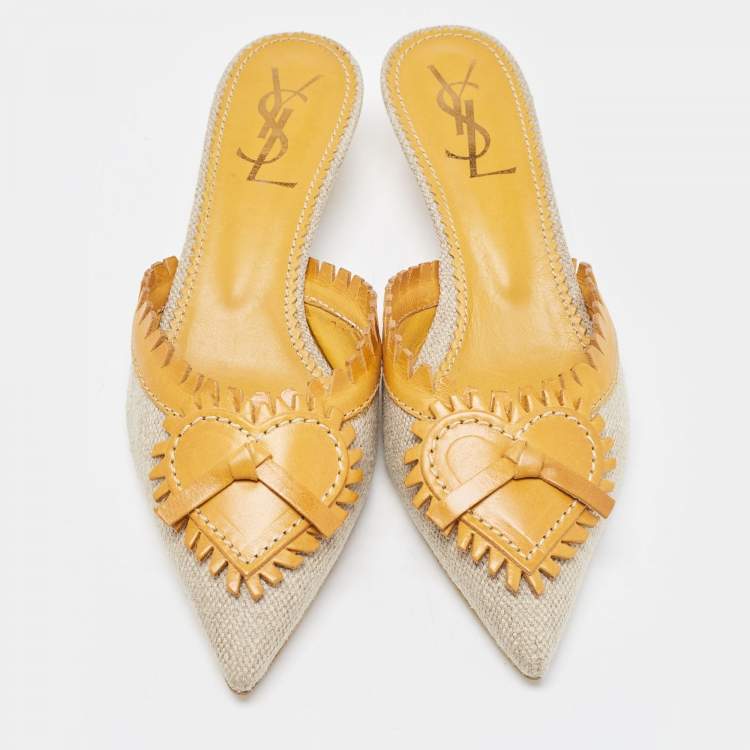 Pre Owned Saint Laurent Grey/Brown Canvas and Leather Mules Size 36.5  