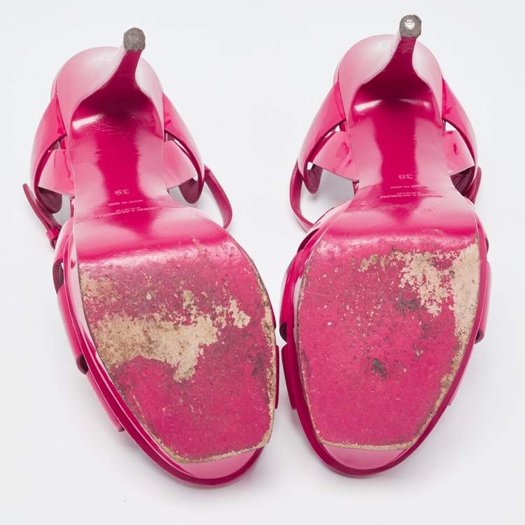 Pre Owned Saint Laurent Paris Pink Patent Leather Tribute Platform Sandals Size 39