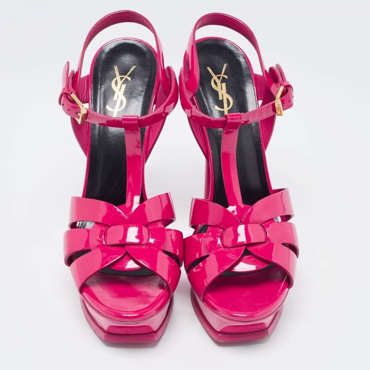 Pre Owned Saint Laurent Paris Pink Patent Leather Tribute Platform Sandals Size 39