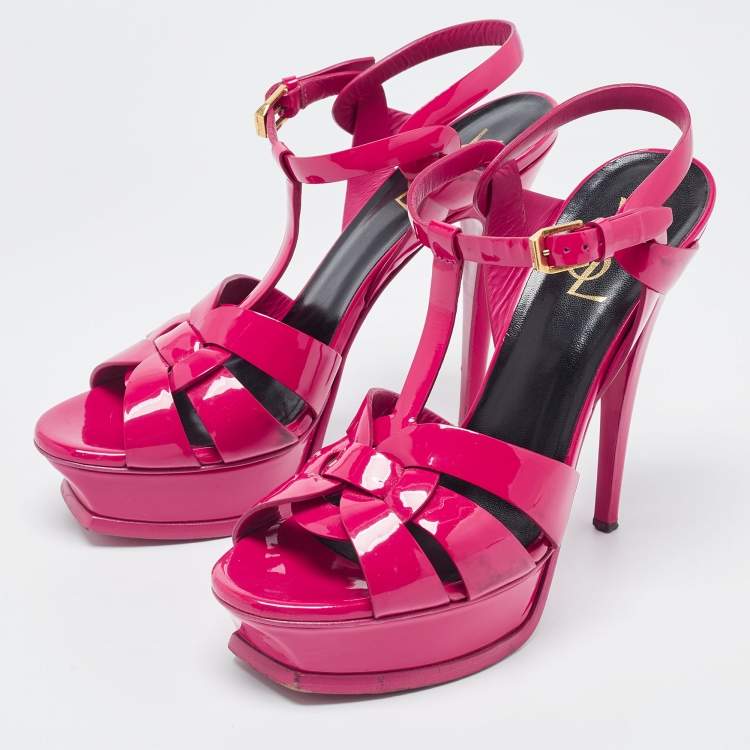 Pre Owned Saint Laurent Paris Pink Patent Leather Tribute Platform Sandals Size 39