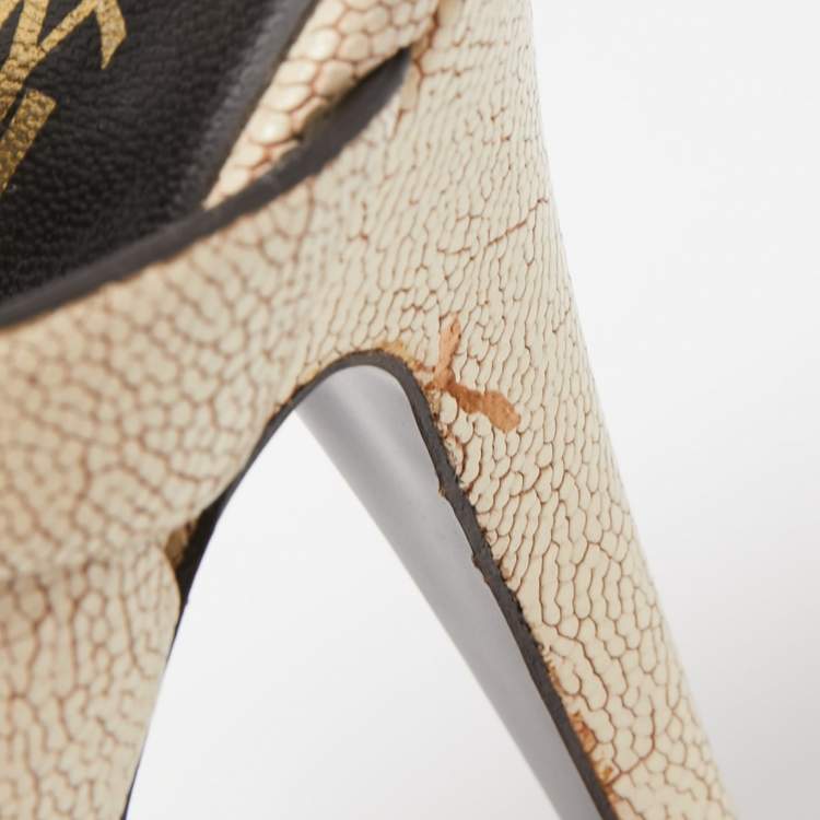 Pre Owned Saint Laurent Cream Textured Leather Tribute Platform Ankle Strap Sandals Size 39