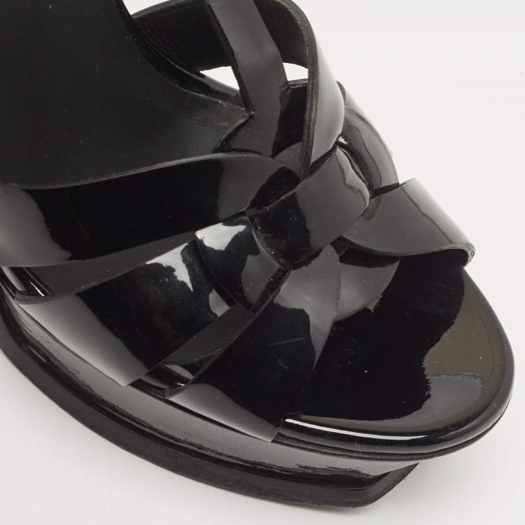 Pre Owned Saint Laurent Paris Black Patent Leather Tribute Platform Ankle Strap Sandals Size 38.5