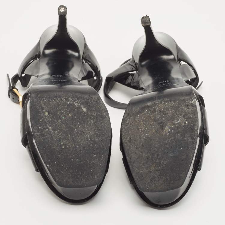 Pre Owned Saint Laurent Paris Black Patent Leather Tribute Platform Ankle Strap Sandals Size 38.5
