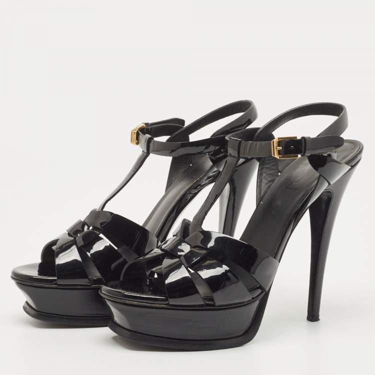 Pre Owned Saint Laurent Paris Black Patent Leather Tribute Platform Ankle Strap Sandals Size 38.5