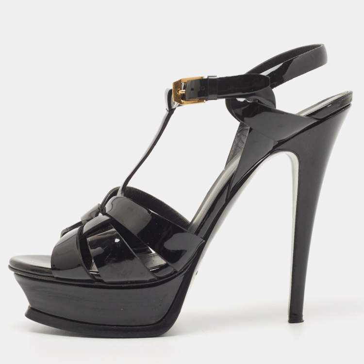 Saint Laurent Paris Black Patent Leather Tribute Platform Ankle Strap ...