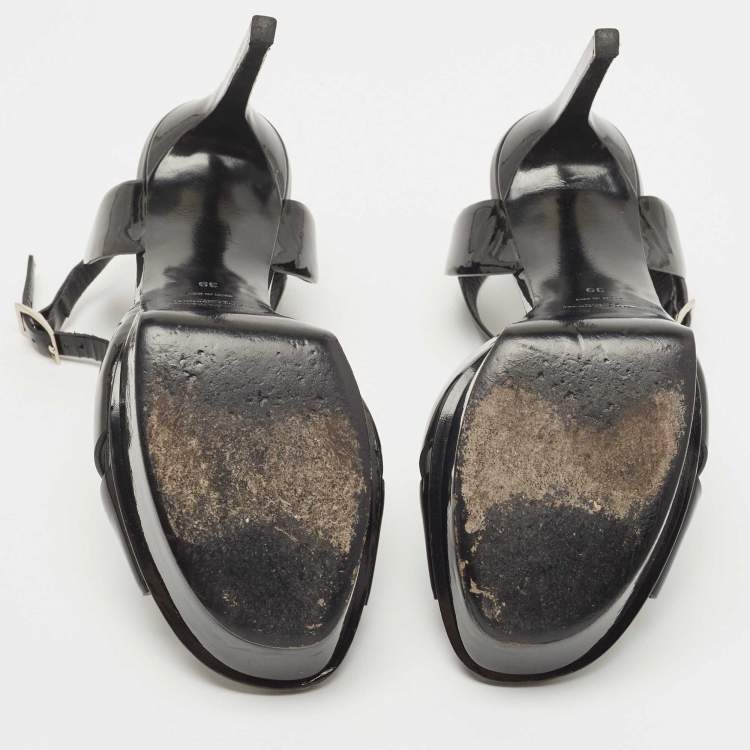 Pre Owned Saint Laurent Black Patent Leather Ankle Strap Sandals Size 39