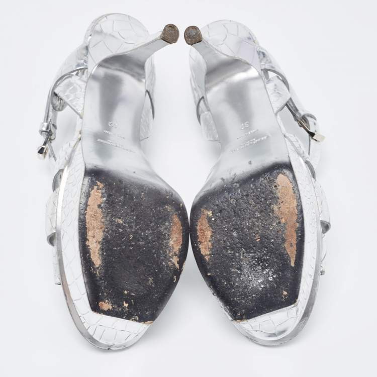 Pre Owned Saint Laurent Silver Croc Embossed Leather Tribute Sandals Size 39