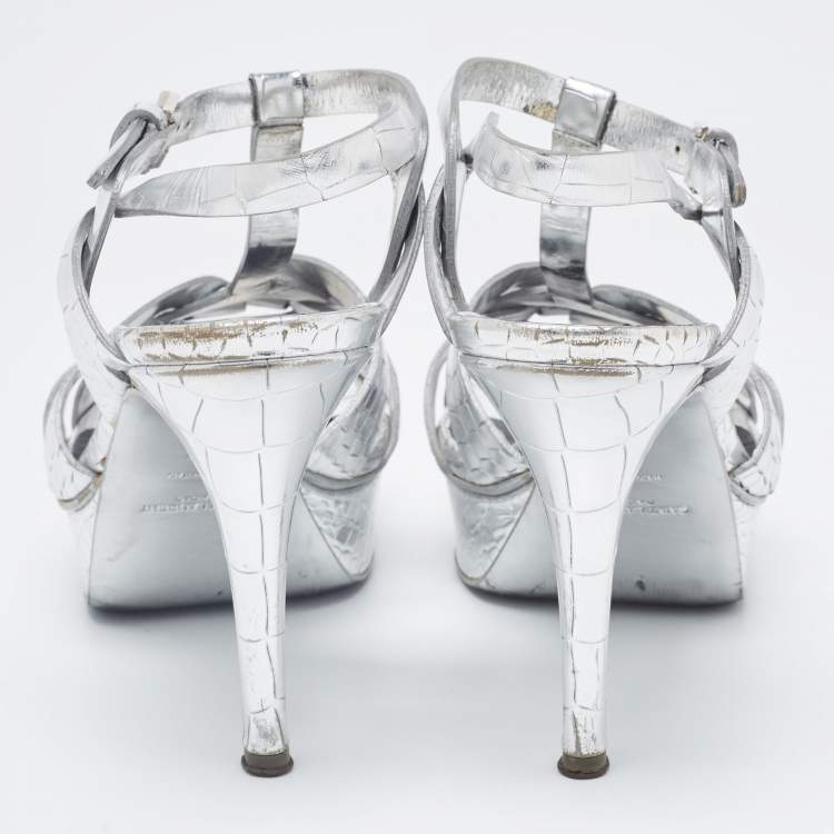 Pre Owned Saint Laurent Silver Croc Embossed Leather Tribute Sandals Size 39