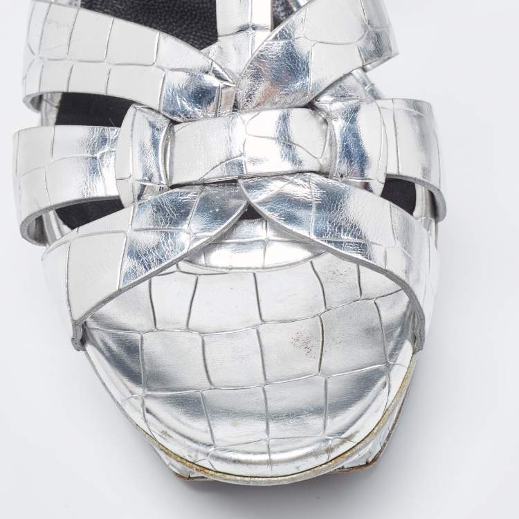 Pre Owned Saint Laurent Silver Croc Embossed Leather Tribute Sandals Size 39